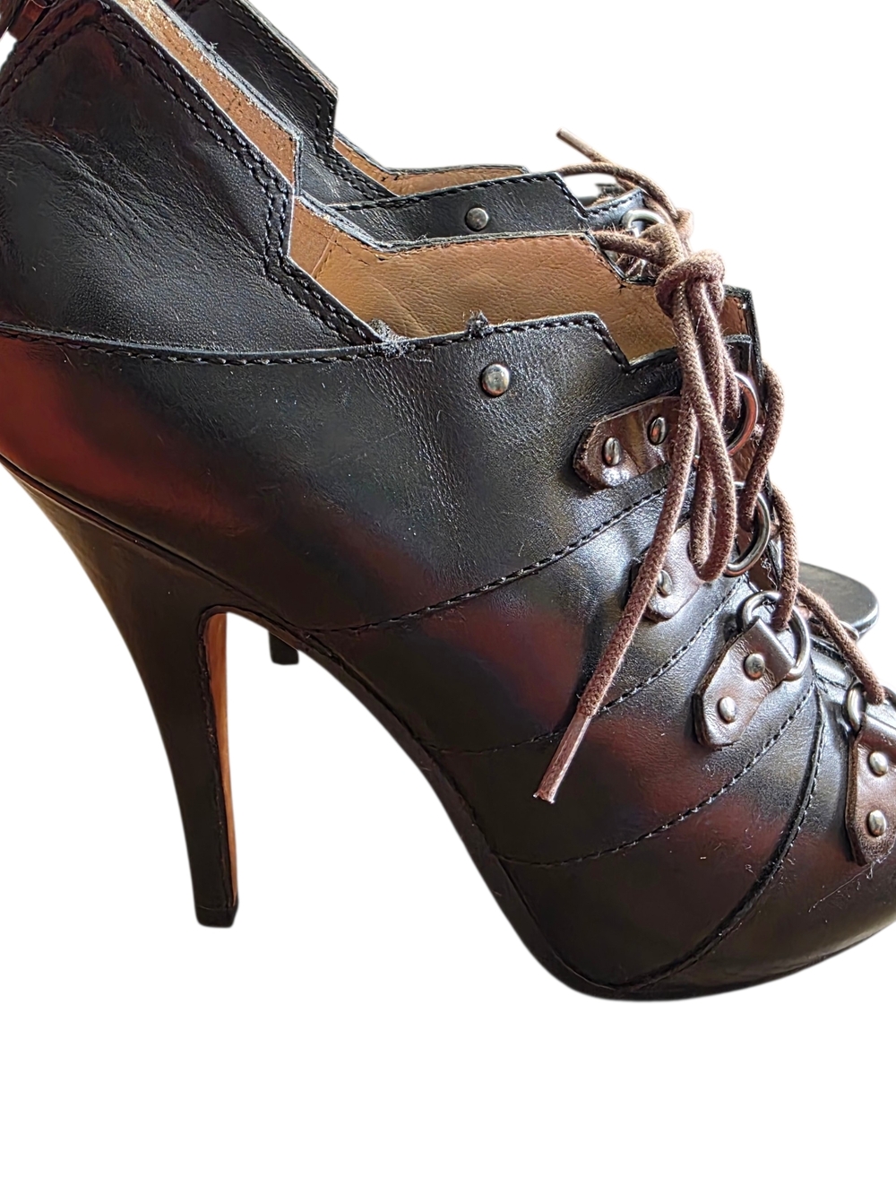 Black Leather Lace-Up Peep Toe High-Heel Booties - Picture 3 of 7